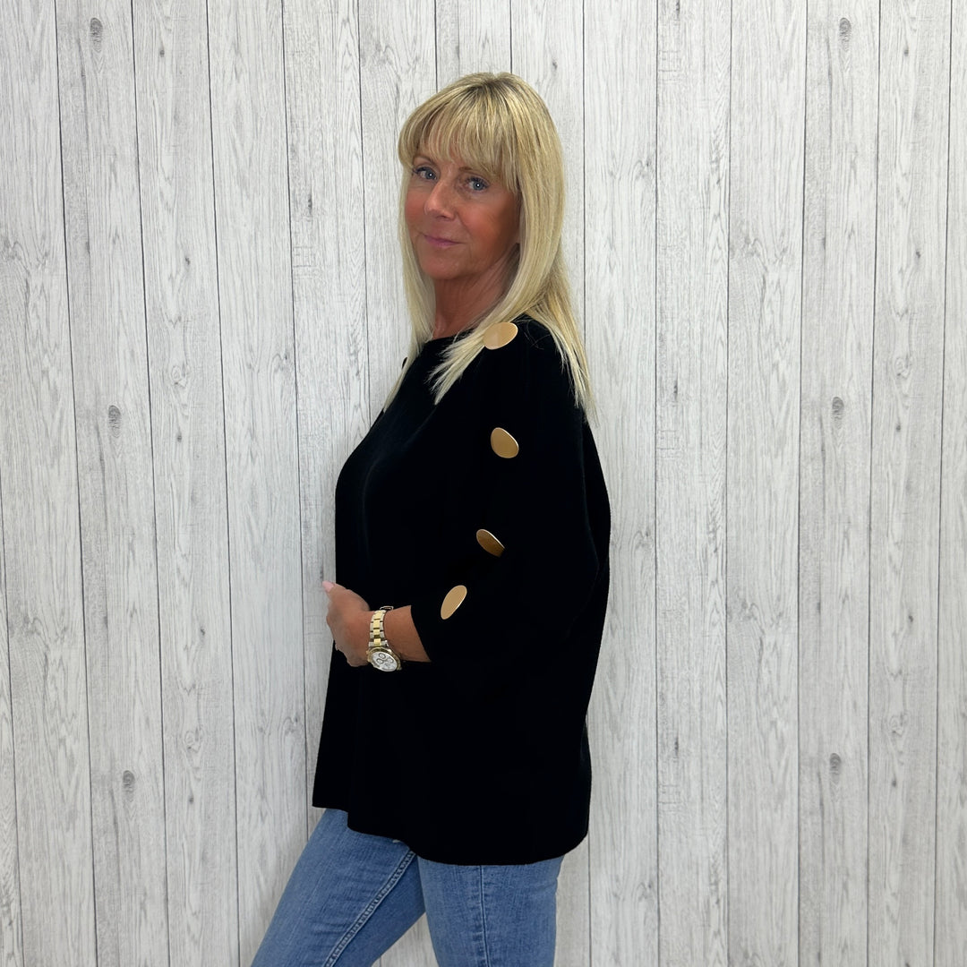 Bonnie Bronze Button 3/4 Sleeve Jumper Black - Sugarplum Boutique