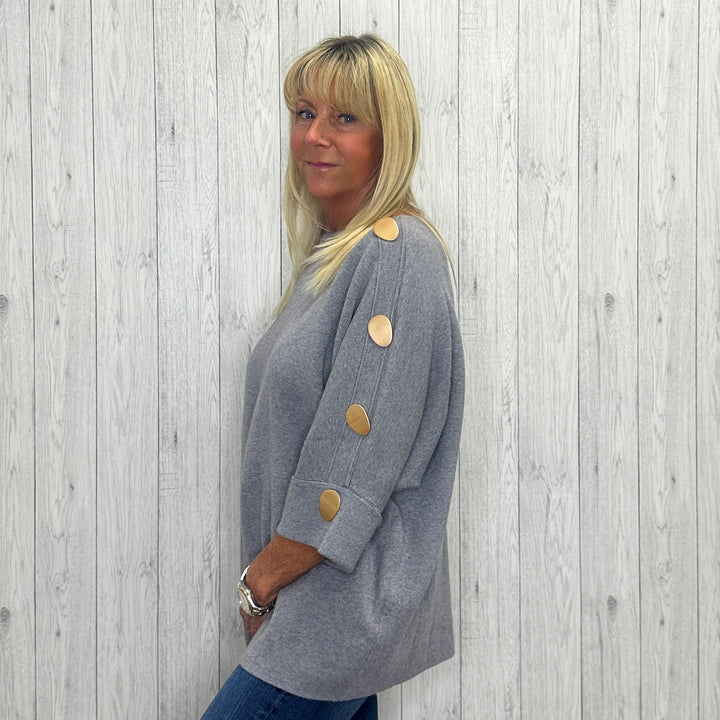 Bonnie Bronze Button 3/4 Sleeve Jumper Grey - Sugarplum Boutique