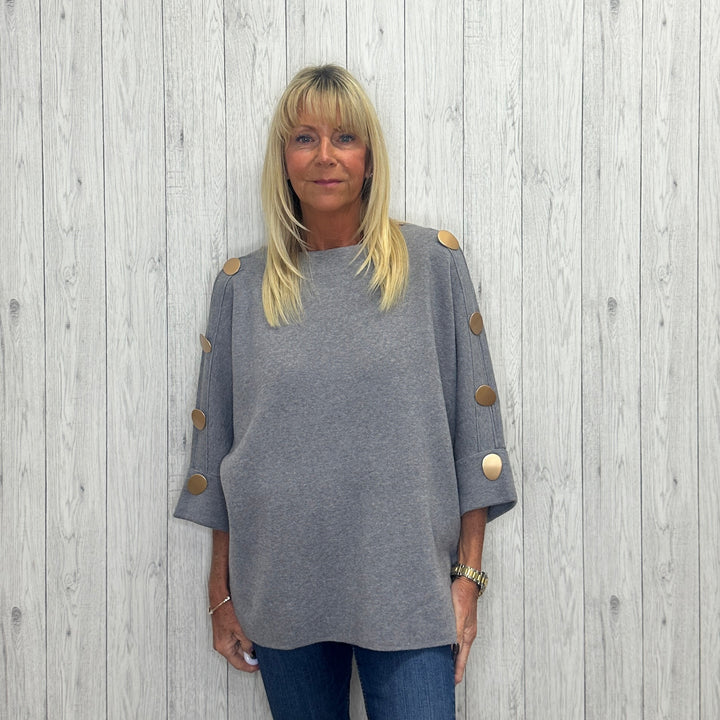Bonnie Bronze Button 3/4 Sleeve Jumper Grey - Sugarplum Boutique