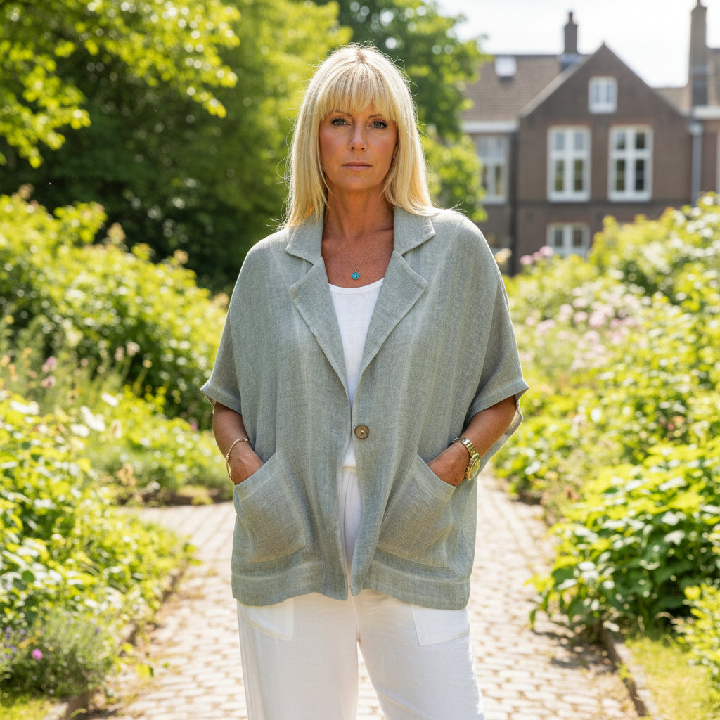 Box Jacket Linen Cotton Khaki Green - Sugarplum Boutique