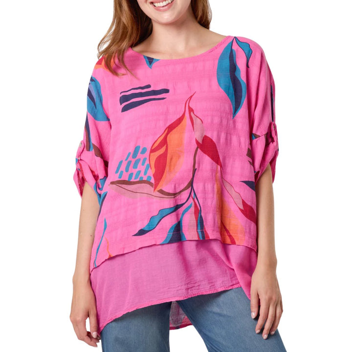 Bright Leaf Print Cotton Top Cerise Pink - Sugarplum Boutique