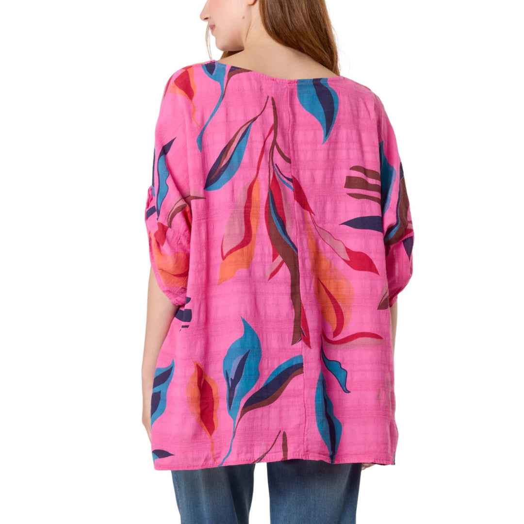 Bright Leaf Print Cotton Top Cerise Pink - Sugarplum Boutique