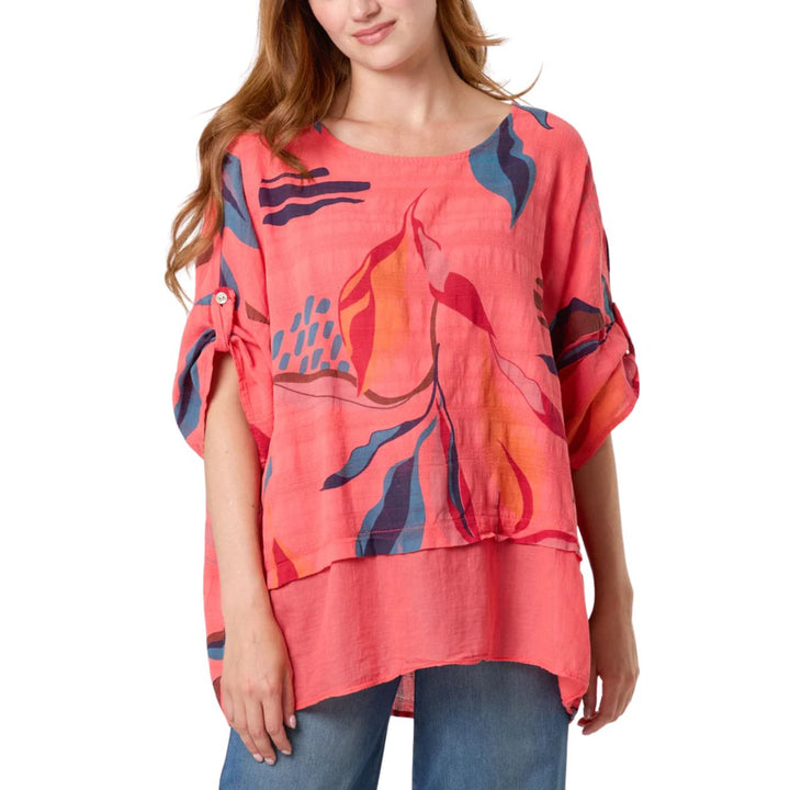 Bright Leaf Print Cotton Top Coral - Sugarplum Boutique