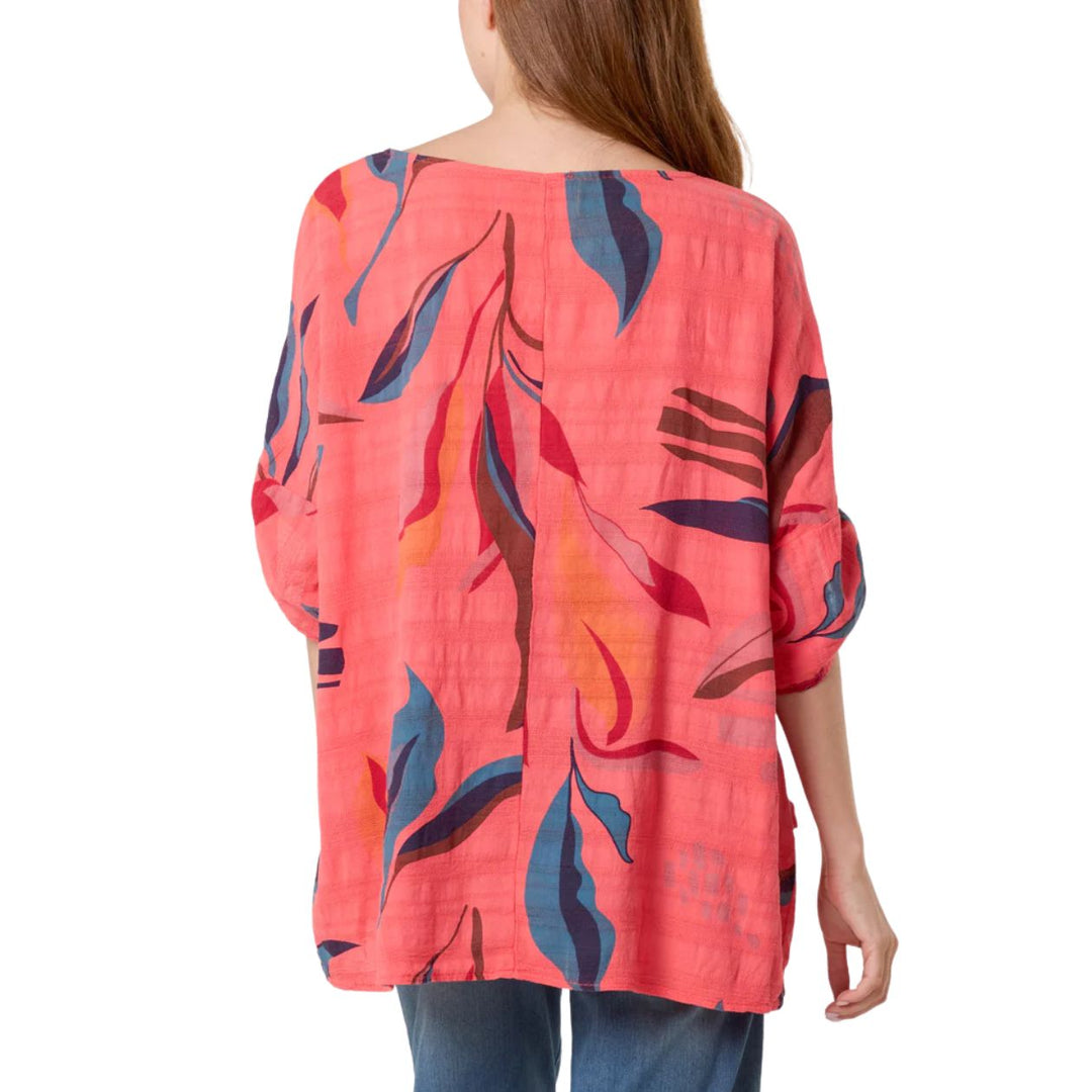 Bright Leaf Print Cotton Top Coral - Sugarplum Boutique