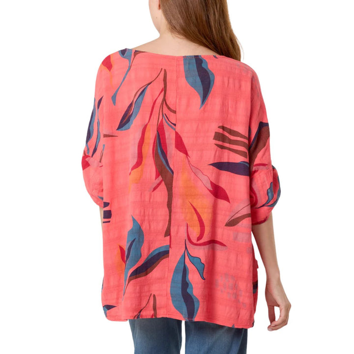 Bright Leaf Print Cotton Top Coral - Sugarplum Boutique