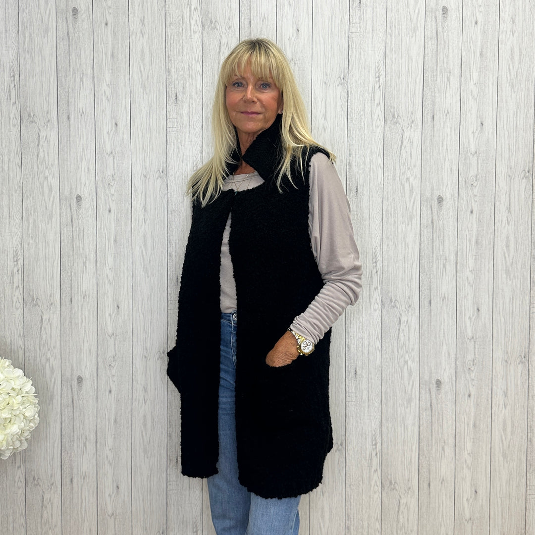 Briony Boucle Alpaca Wool Sleeveless Gilet Waistcoat Black - Sugarplum Boutique