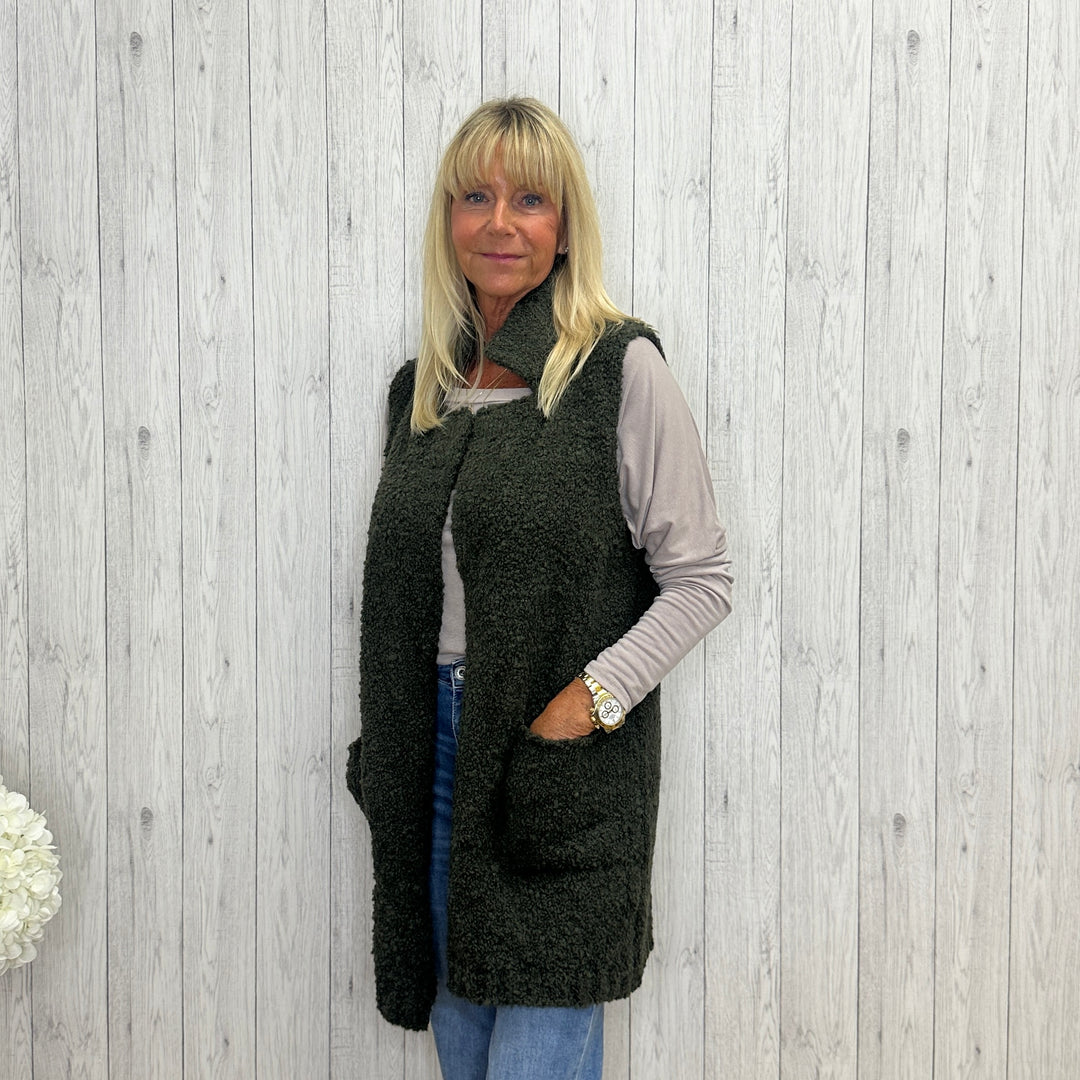 Briony Boucle Alpaca Wool Sleeveless Gilet Waistcoat Khaki Green - Sugarplum Boutique