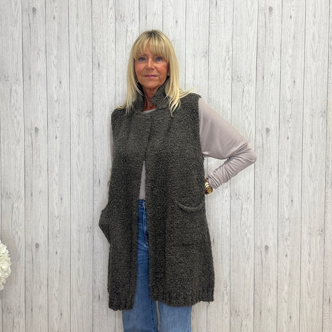 Briony Boucle Alpaca Wool Sleeveless Gilet Waistcoat Mocha Brown - Sugarplum Boutique