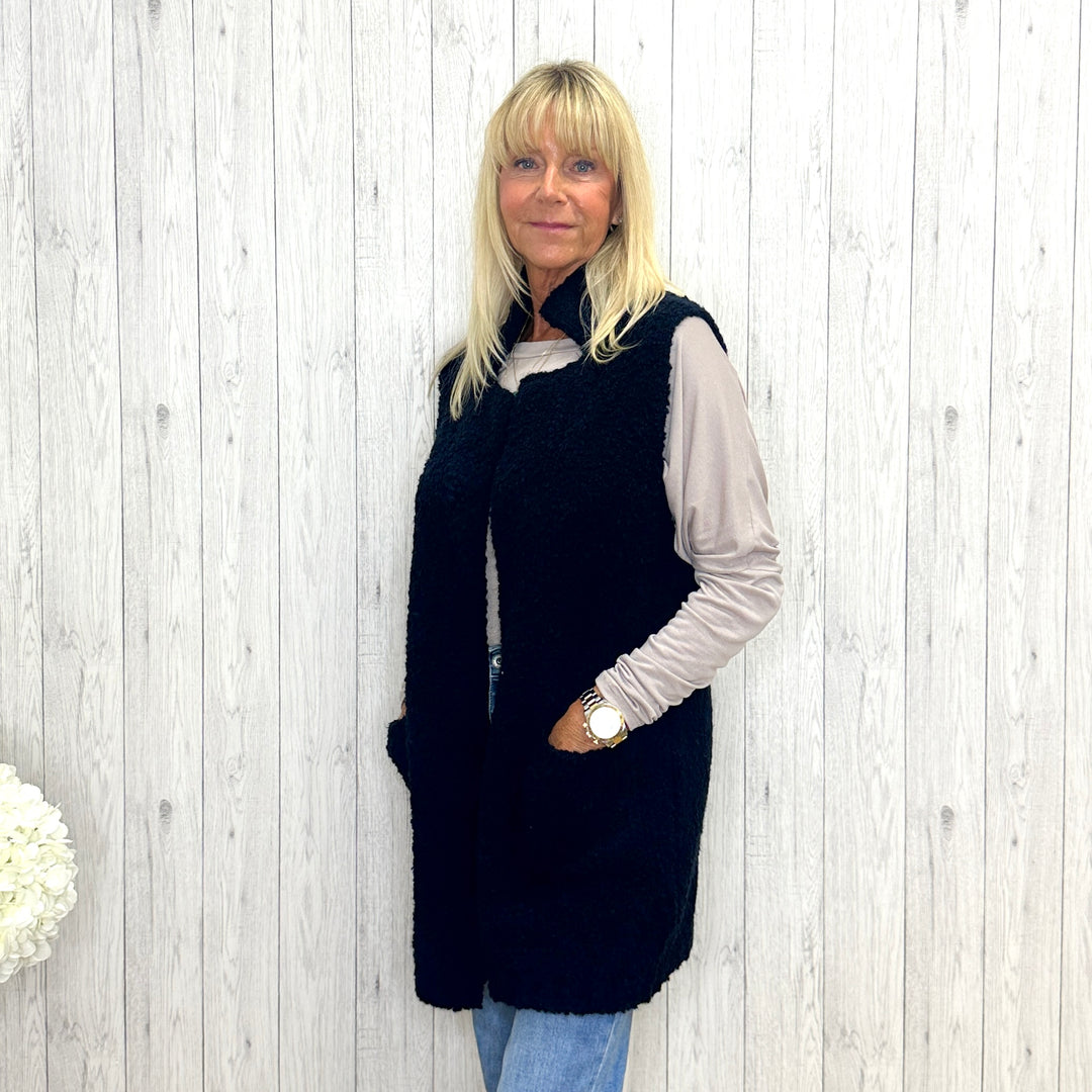 Briony Boucle Alpaca Wool Sleeveless Gilet Waistcoat Navy Blue - Sugarplum Boutique