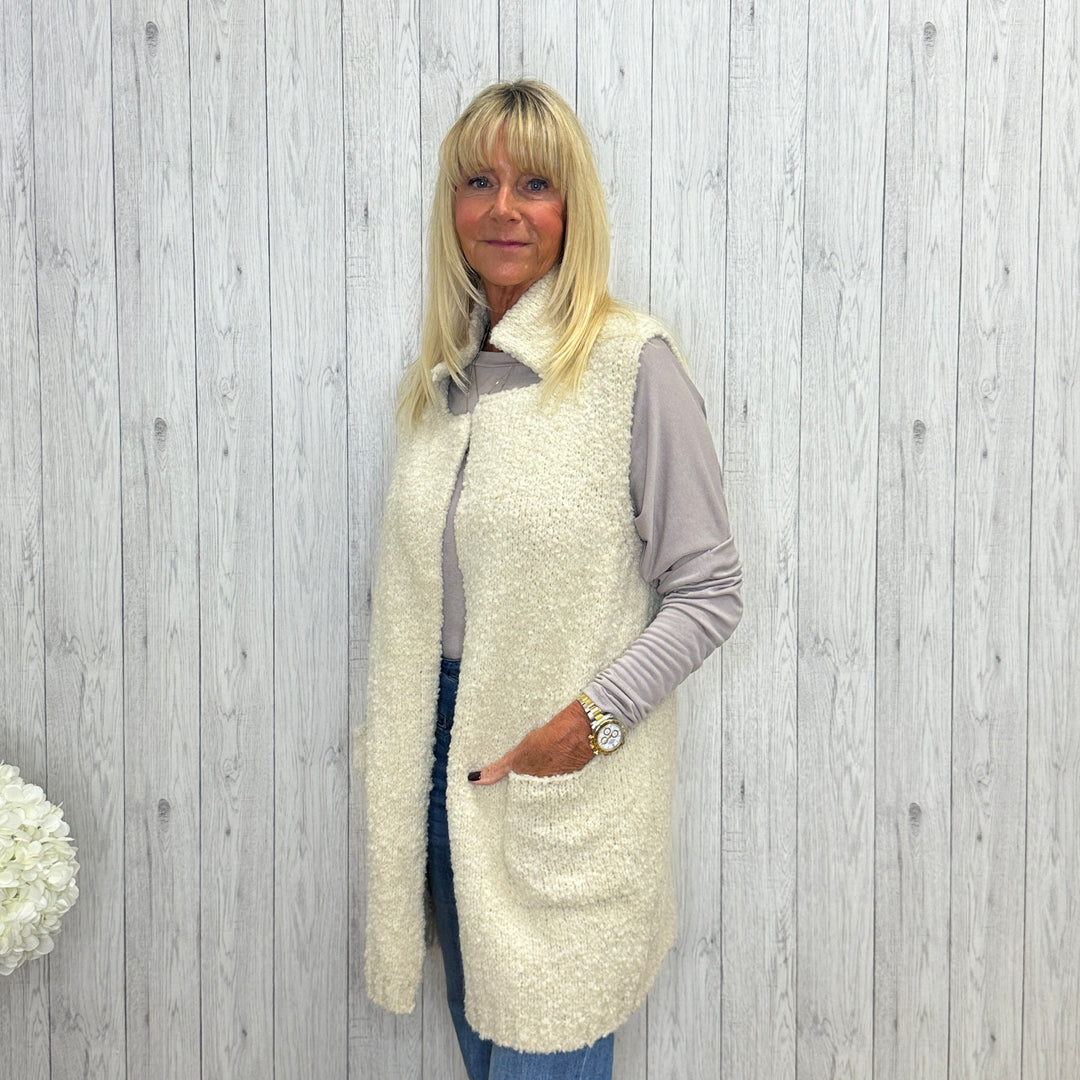 Briony Boucle Alpaca Wool Sleeveless Gilet Waistcoat Stone - Sugarplum Boutique