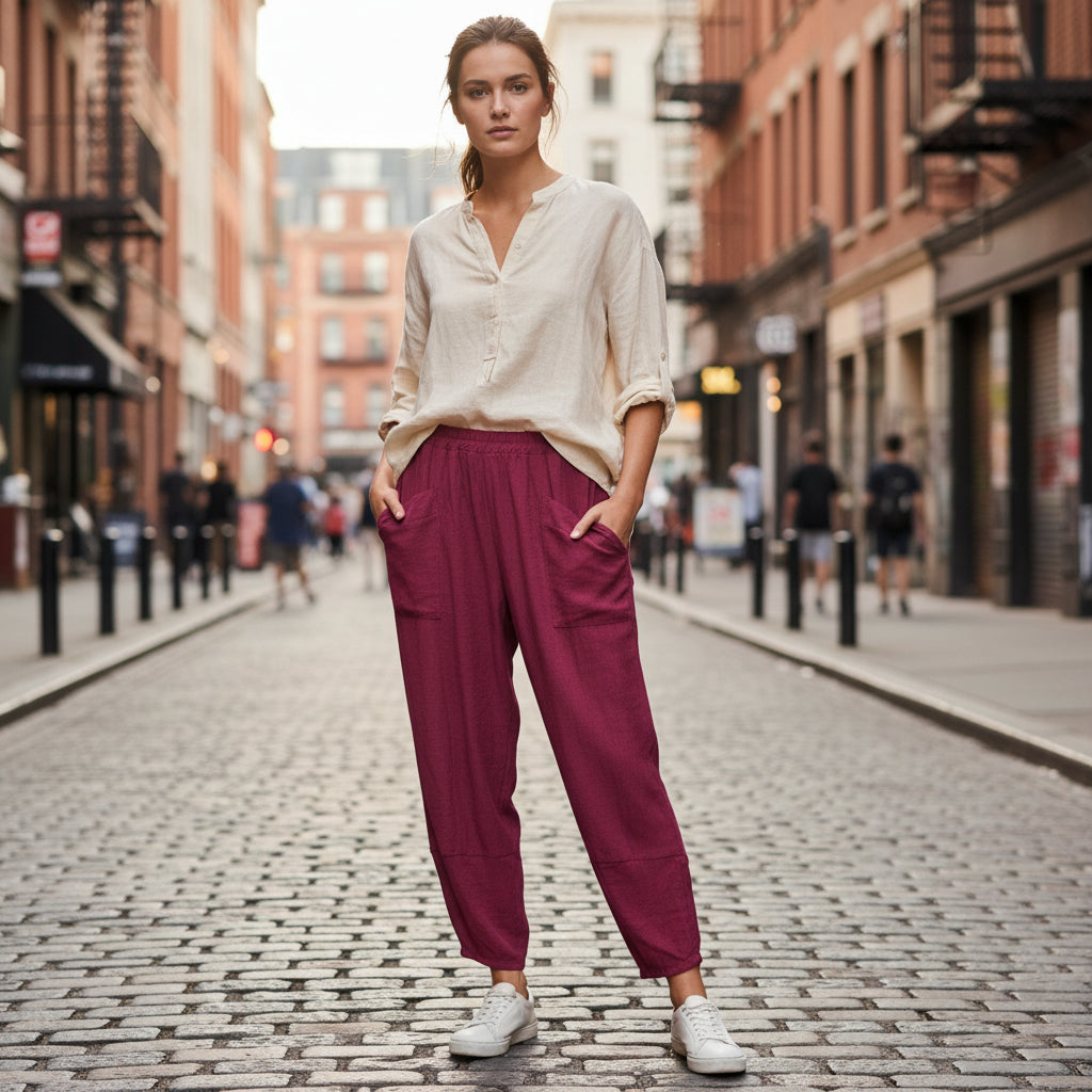 Brodie Burgundy Barrel Leg Viscose Trousers - Sugarplum Boutique