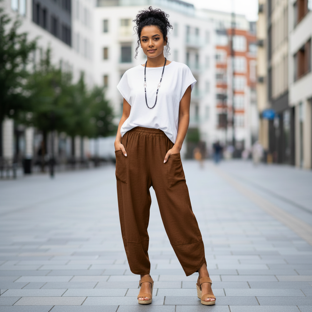 Brodie Chocolate Brown Barrel Leg Viscose Trousers - Sugarplum Boutique