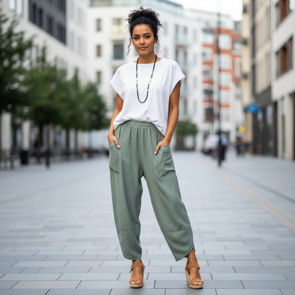 Brodie Khaki Green Barrel Leg Viscose Trousers - Sugarplum Boutique