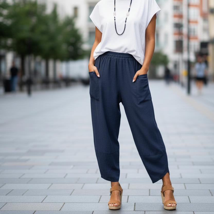 Brodie Navy Blue Barrel Leg Viscose Trousers - Sugarplum Boutique