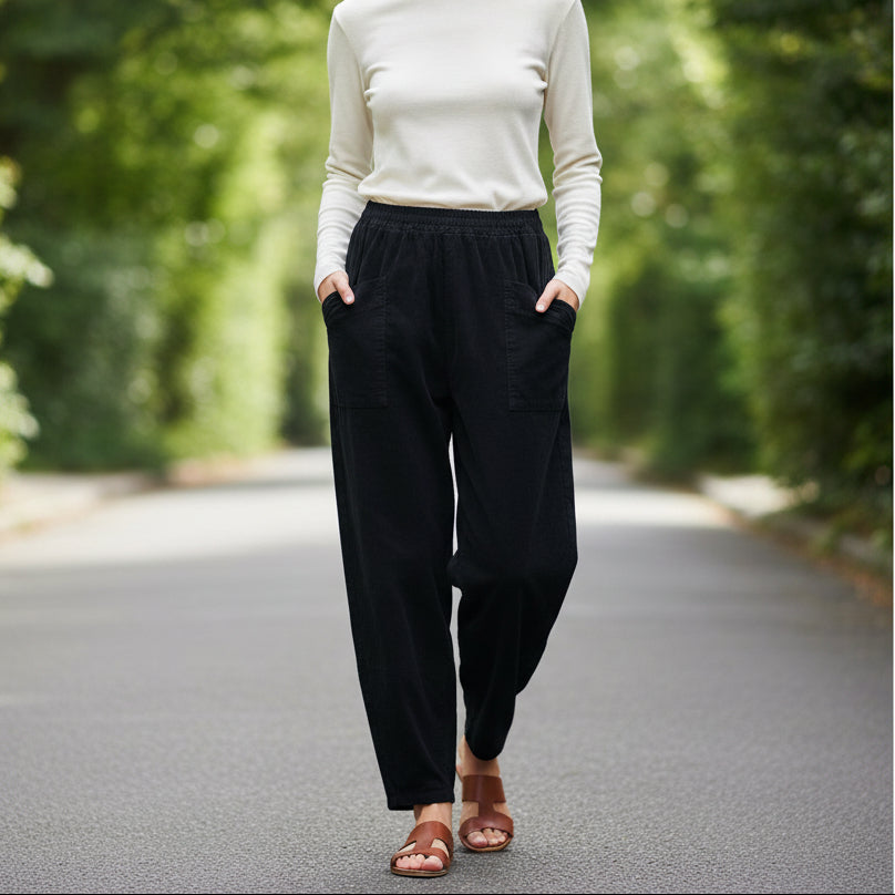 Brodie Needlecord Black Barrel Leg Cotton Trousers - Sugarplum Boutique