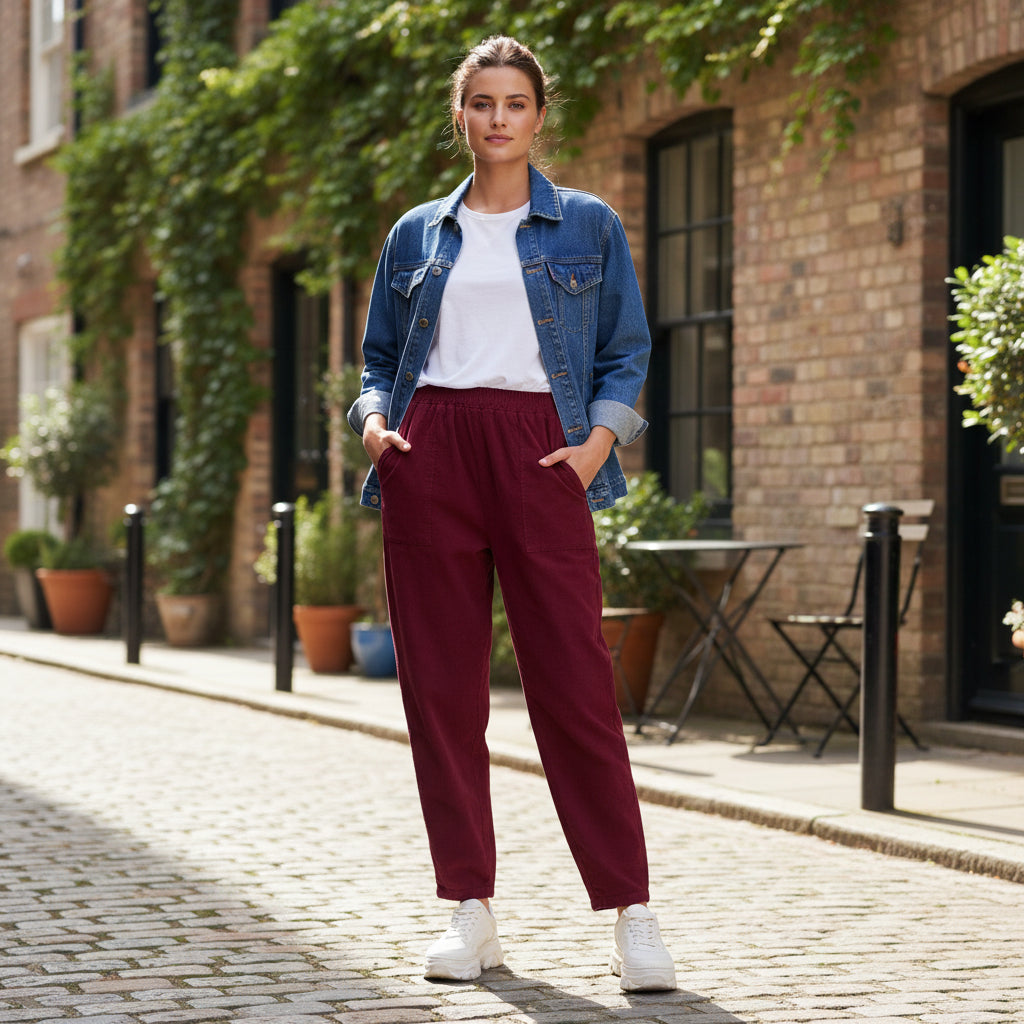 Brodie Needlecord Burgundy Barrel Leg Cotton Trousers - Sugarplum Boutique