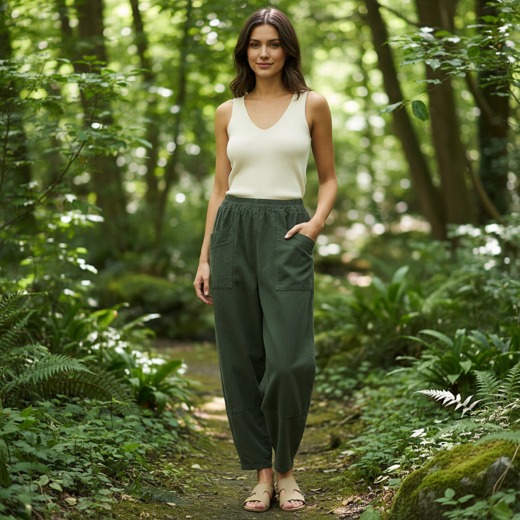 Brodie Needlecord Khaki Green Barrel Leg Cotton Trousers - Sugarplum Boutique