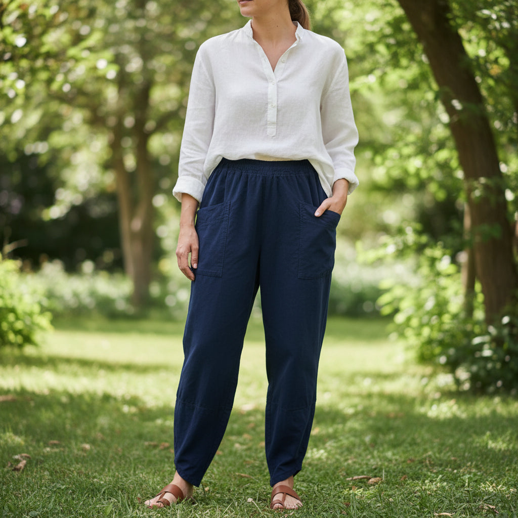 Brodie Needlecord Navy Blue Barrel Leg Cotton Trousers - Sugarplum Boutique