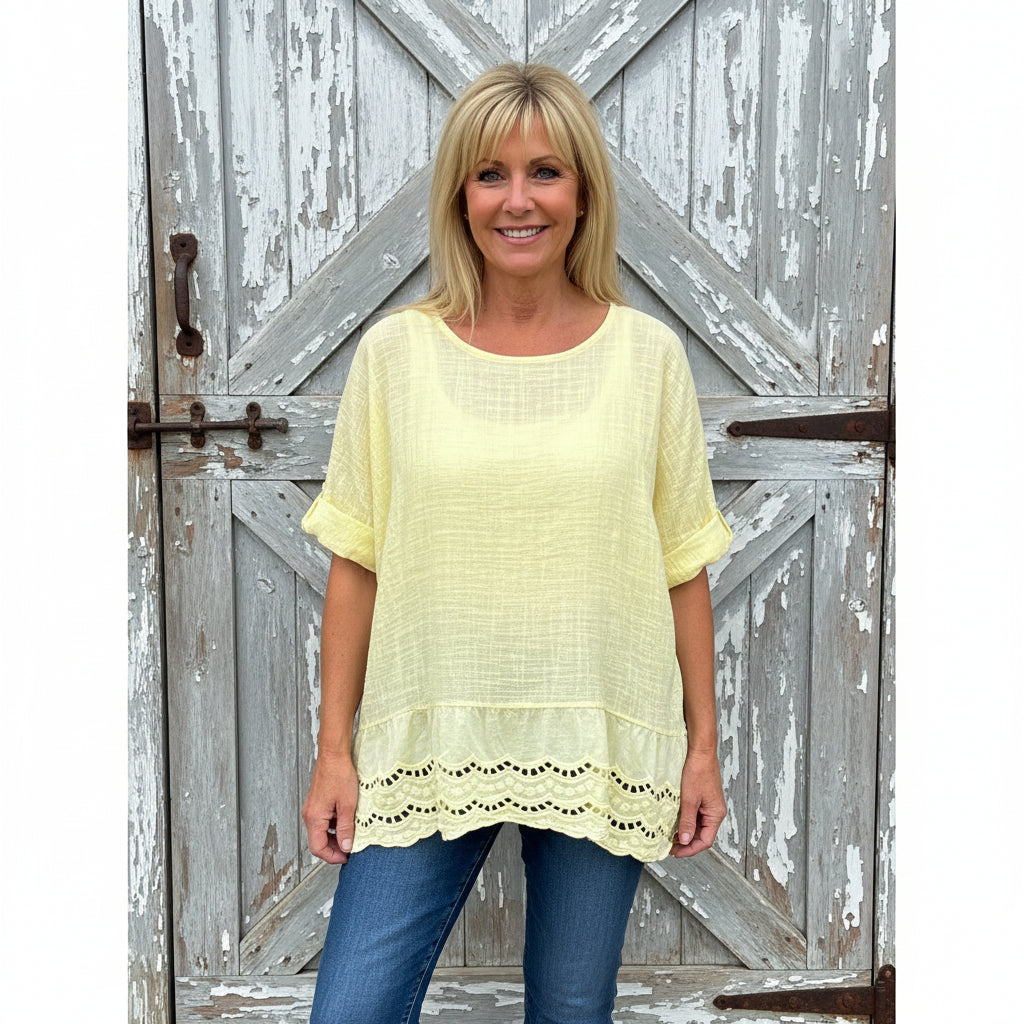 Brody Lemon Yellow Crochet Hem Cotton Top - Sugarplum Boutique
