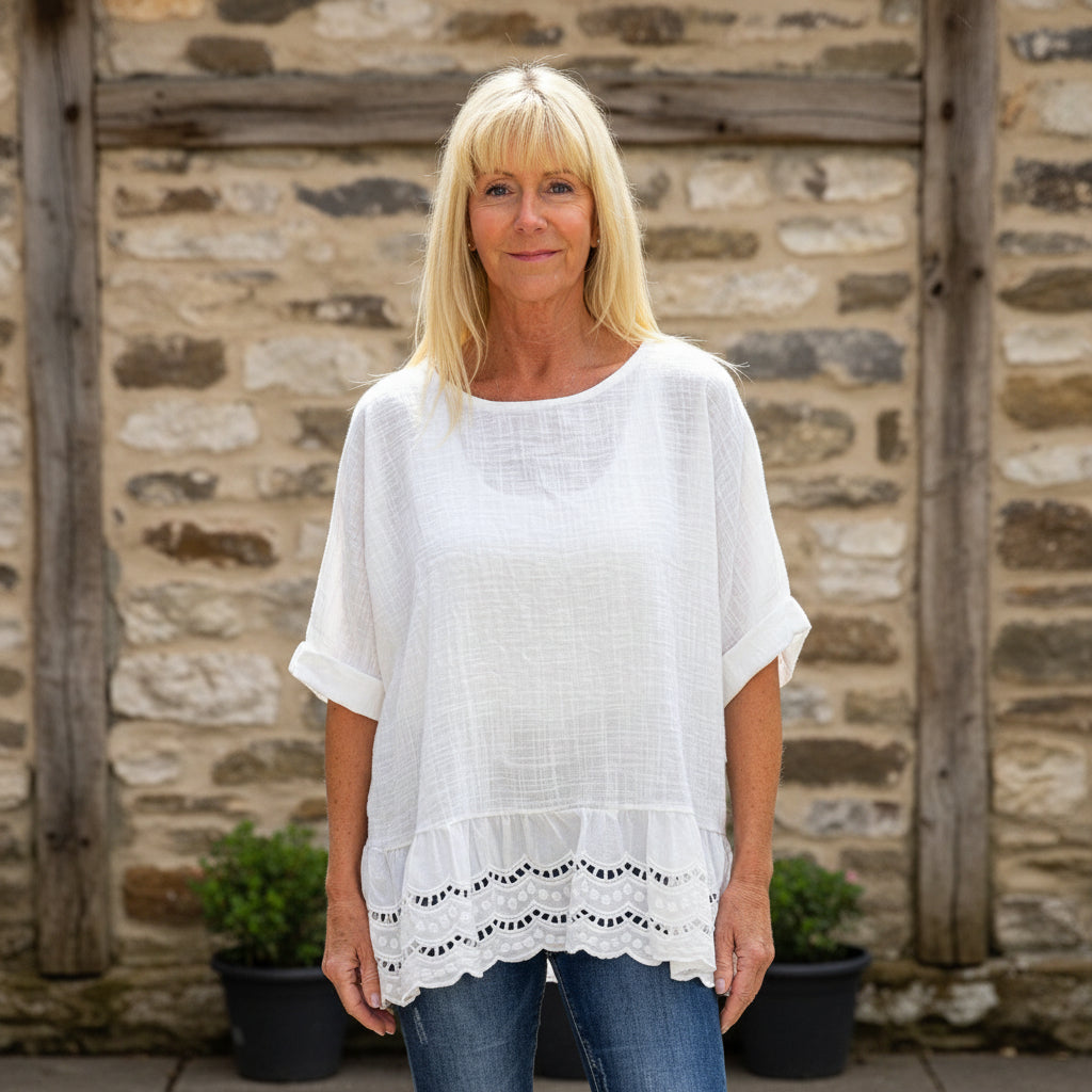 Brody White Crochet Hem Cotton Top - Sugarplum Boutique