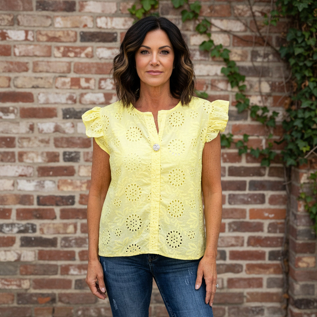 Brooke Broderie Anglaise Lemon Yellow Button Top - Sugarplum Boutique