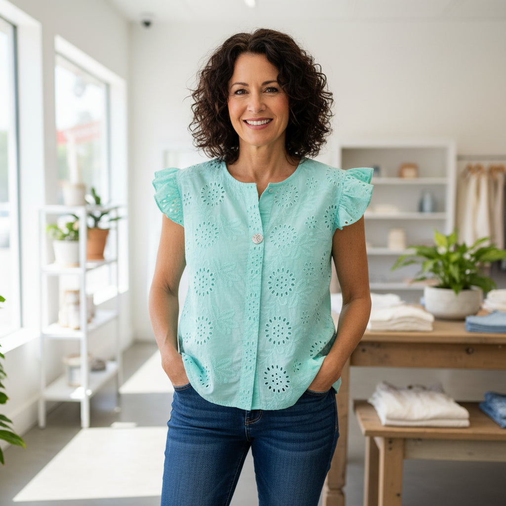 Brooke Broderie Anglaise Mint Green Button Top - Sugarplum Boutique