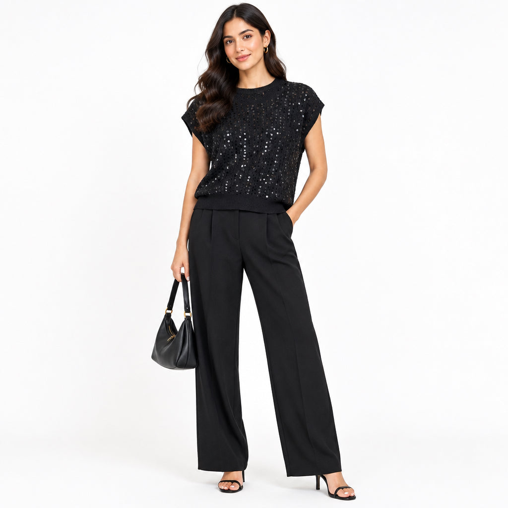 Brooke Sequin Cable Knit Black Sleeveless Jumper - Sugarplum Boutique