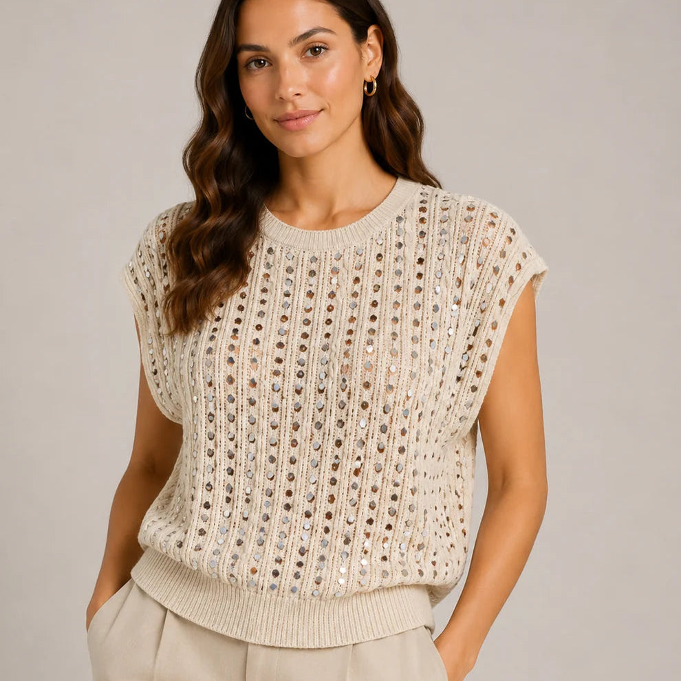 Brooke Sequin Cable Knit Cream Sleeveless Jumper - Sugarplum Boutique