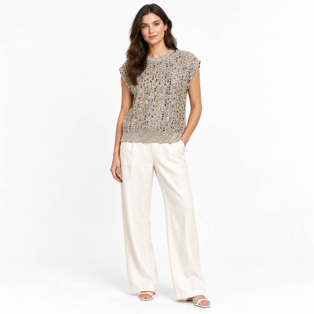 Brooke Sequin Cable Knit Mocha Brown Sleeveless Jumper - Sugarplum Boutique