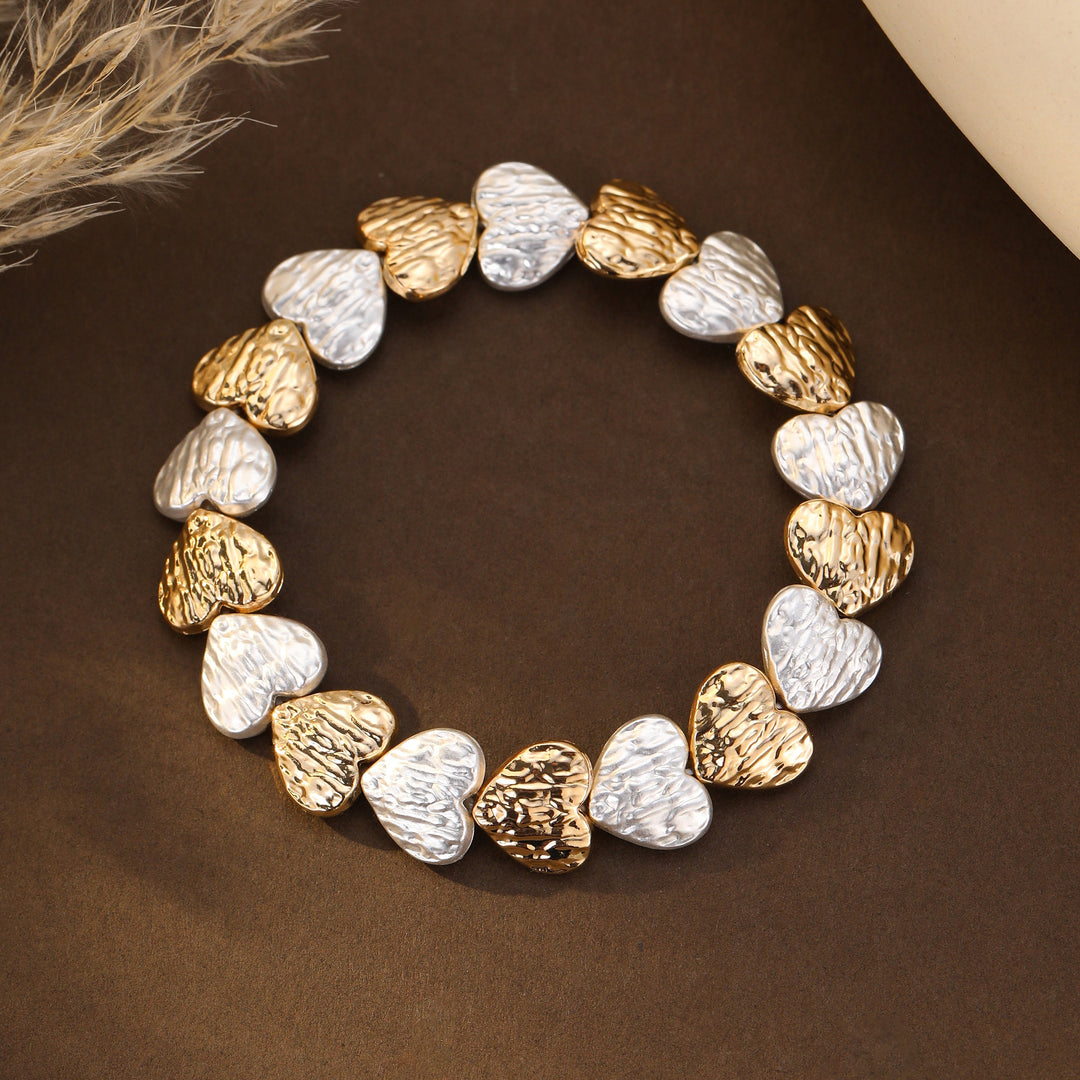 Brushed Shiny Hearts Silver Gold Stretch Bracelet - Sugarplum Boutique