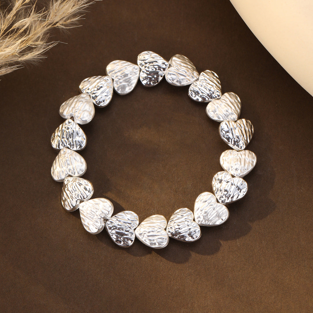 Brushed Shiny Hearts Silver Stretch Bracelet - Sugarplum Boutique