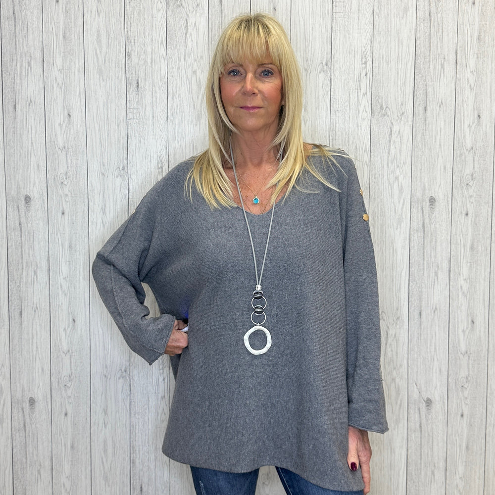 Butler Grey Button Armed V Neck Jumper -  Sugarplum Boutique