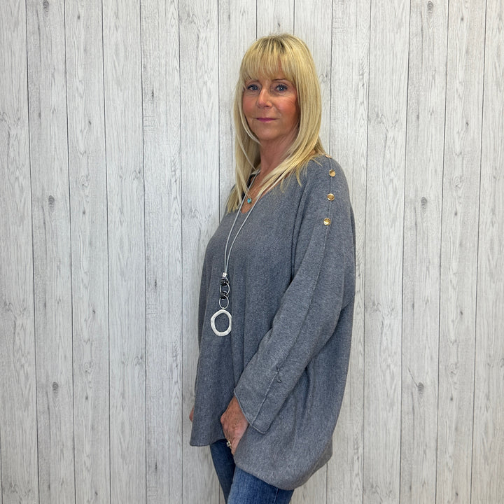 Butler Grey Button Armed V Neck Jumper -  Sugarplum Boutique