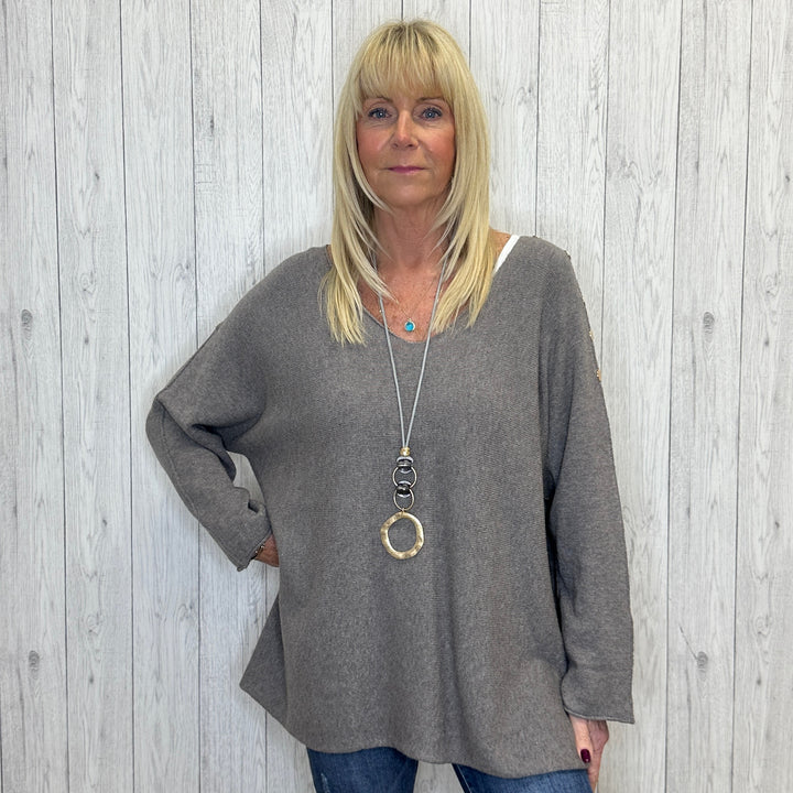 Butler Mocha Brown Button Armed V Neck Jumper - Sugarplum Boutique