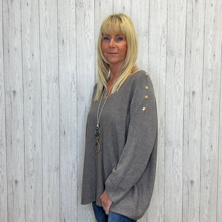 Butler Mocha Brown Button Armed V Neck Jumper - Sugarplum Boutique