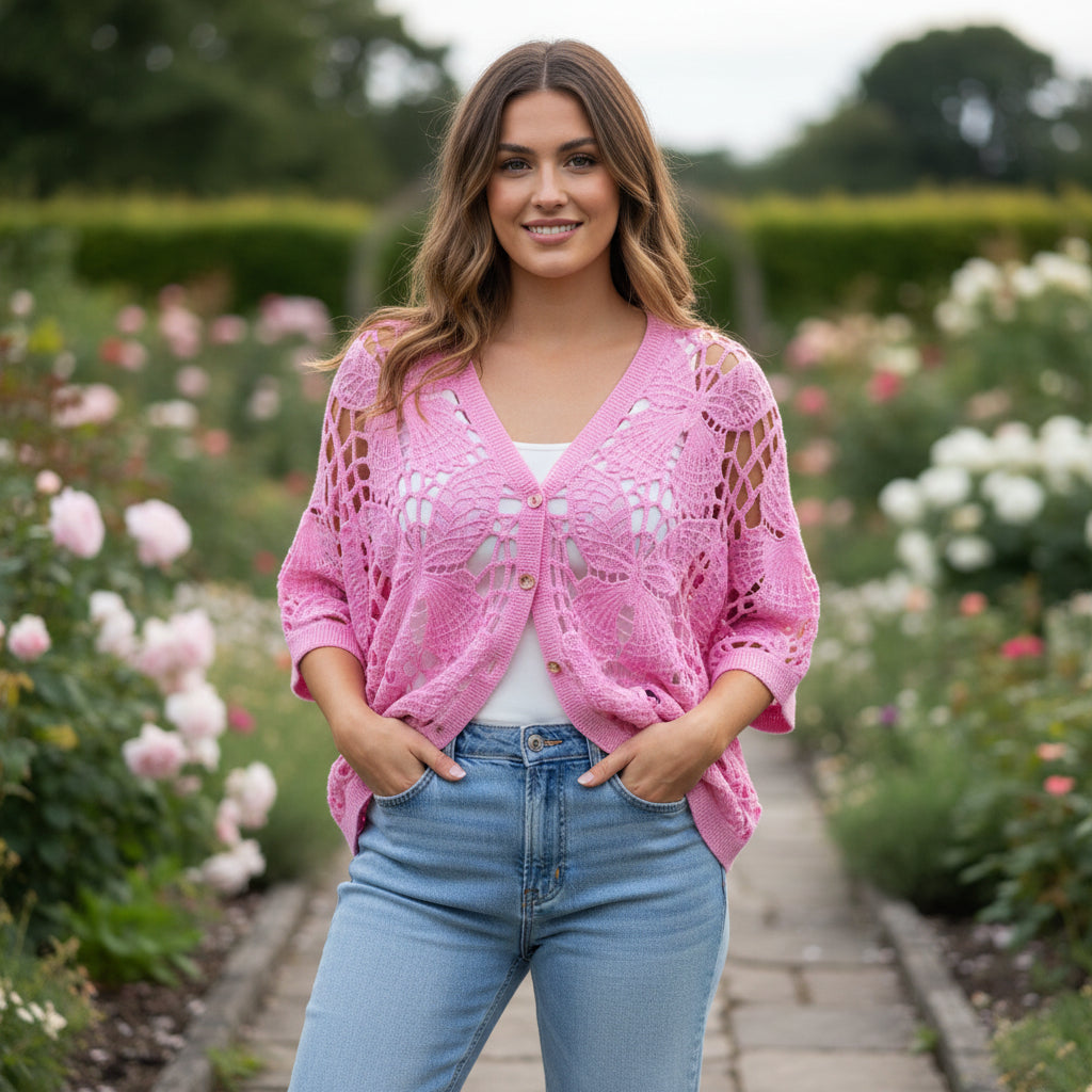 Butterfly Cotton Crochet Bubblegum Pink Button Cardigan - Sugarplum Boutique