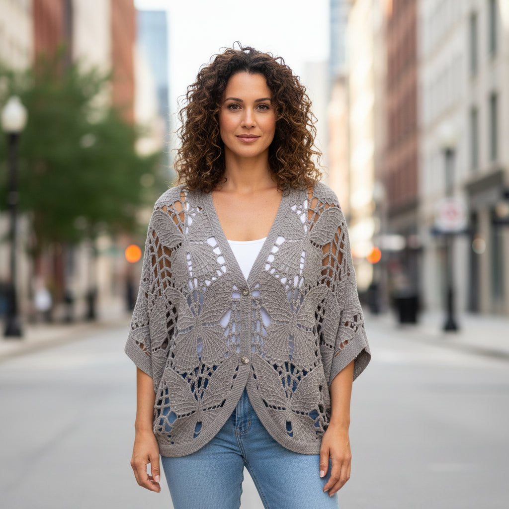 Butterfly Cotton Crochet Mocha Brown Button Cardigan - Sugarplum Boutique