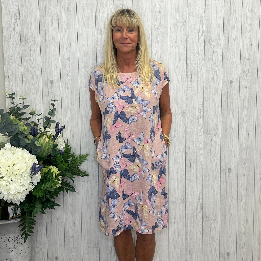 Butterfly Print Linen Summer Dress Pink Sugarplum Boutique & Home Butterfly Print Linen Summer Dress Pink Sugarplum Boutique & Home