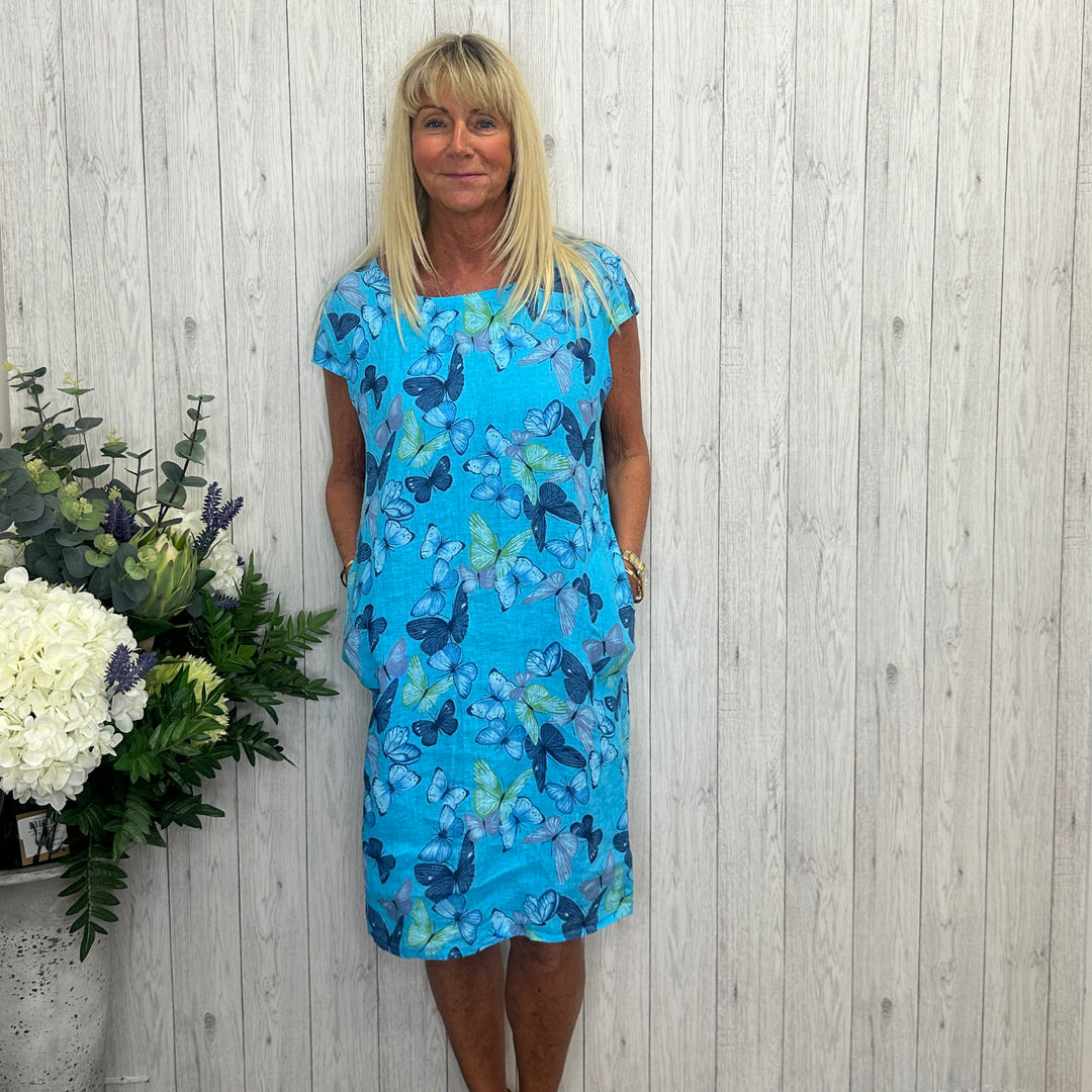 Butterfly Print Linen Summer Dress Turquoise Blue - Sugarplum Botuique