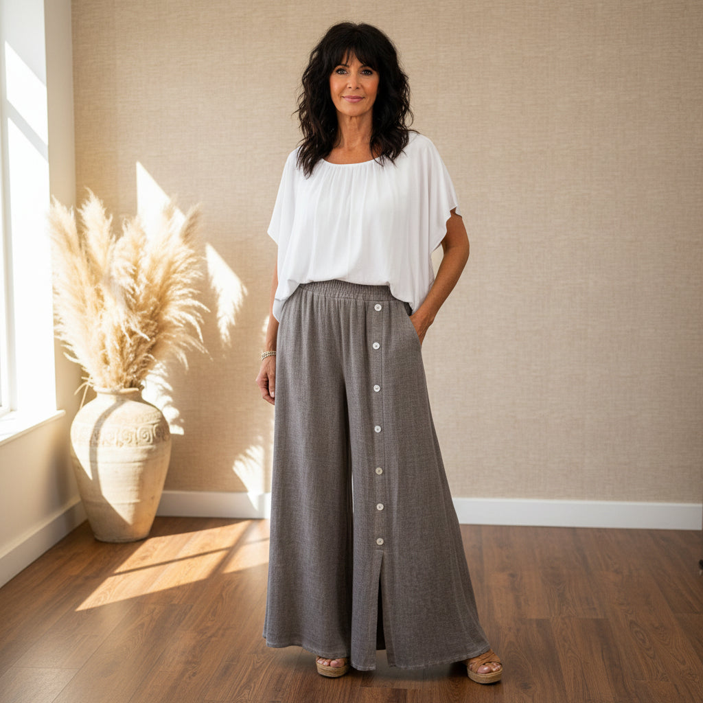 Button Leg Brown Linen Cotton Mix Skirt Trousers - Sugarplum Boutique