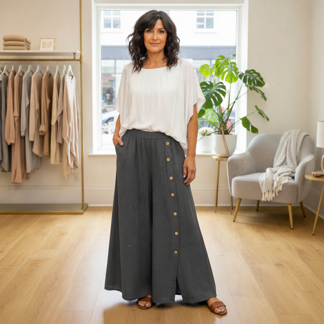 Button Leg Charcoal Grey Linen Cotton Mix Skirt Trousers - Sugarplum Boutique