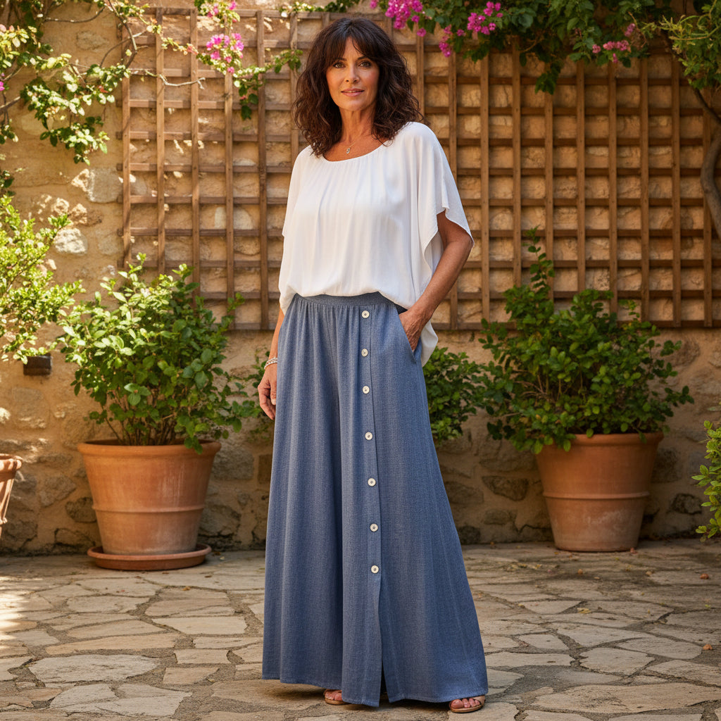 Button Leg Denim Blue Linen Cotton Mix Skirt Trousers - Sugarplum Boutique