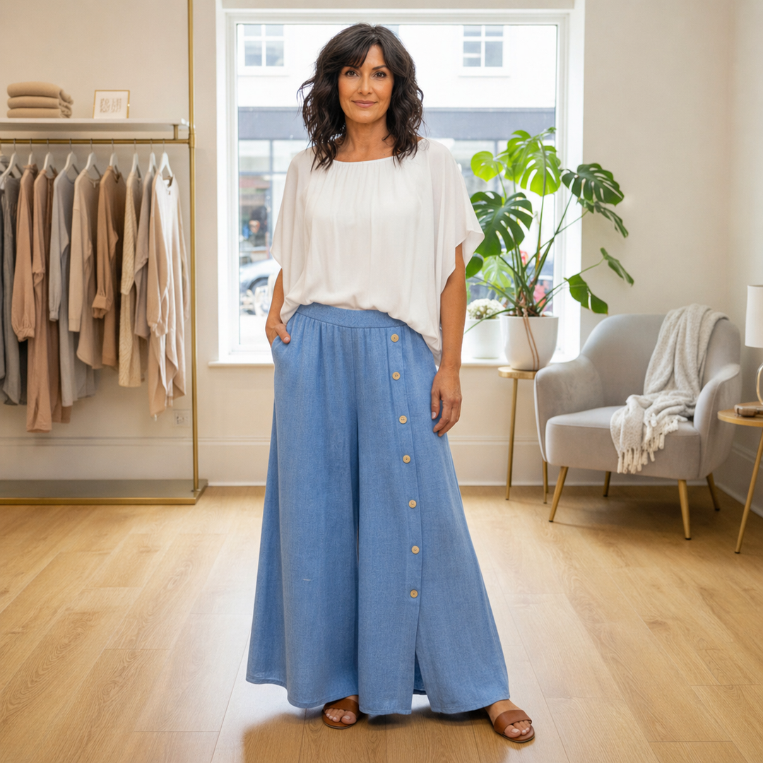 Button Leg Light Blue Linen Cotton Mix Skirt Trousers - Sugarplum Boutique