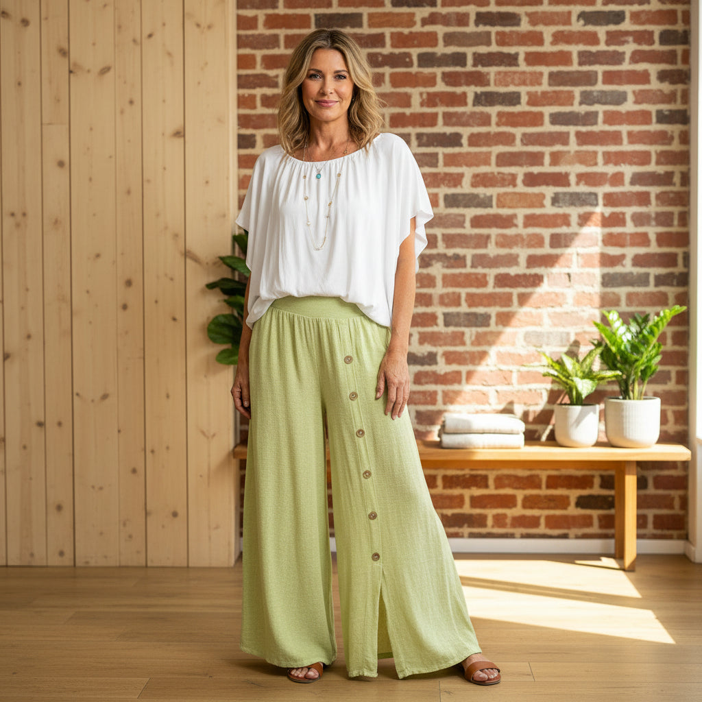 Button Leg Lime Green Linen Cotton Mix Skirt Trousers - Sugarplum Boutique