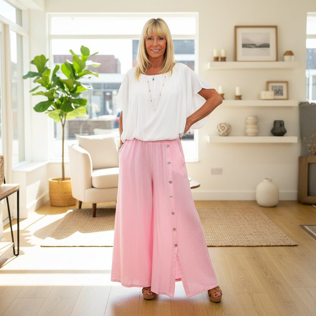 Button Leg Pink Linen Cotton Mix Skirt Trousers - Sugarplum Boutique