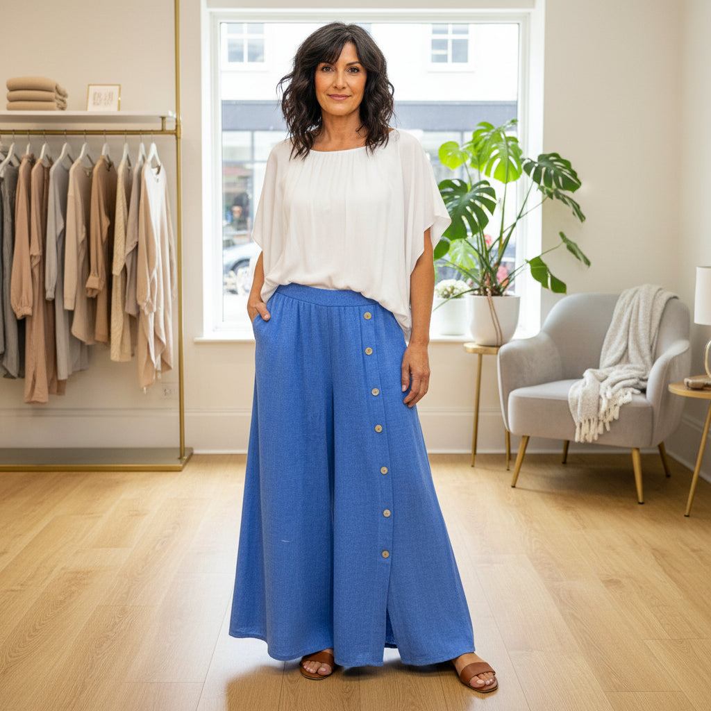 Button Leg Sky Blue Linen Cotton Mix Skirt Trousers - Sugarplum Boutique