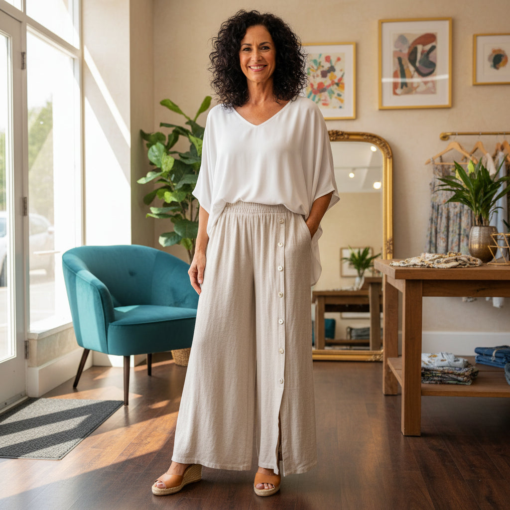 Button Leg Stone Linen Cotton Mix Skirt Trousers - Sugarplum Boutique