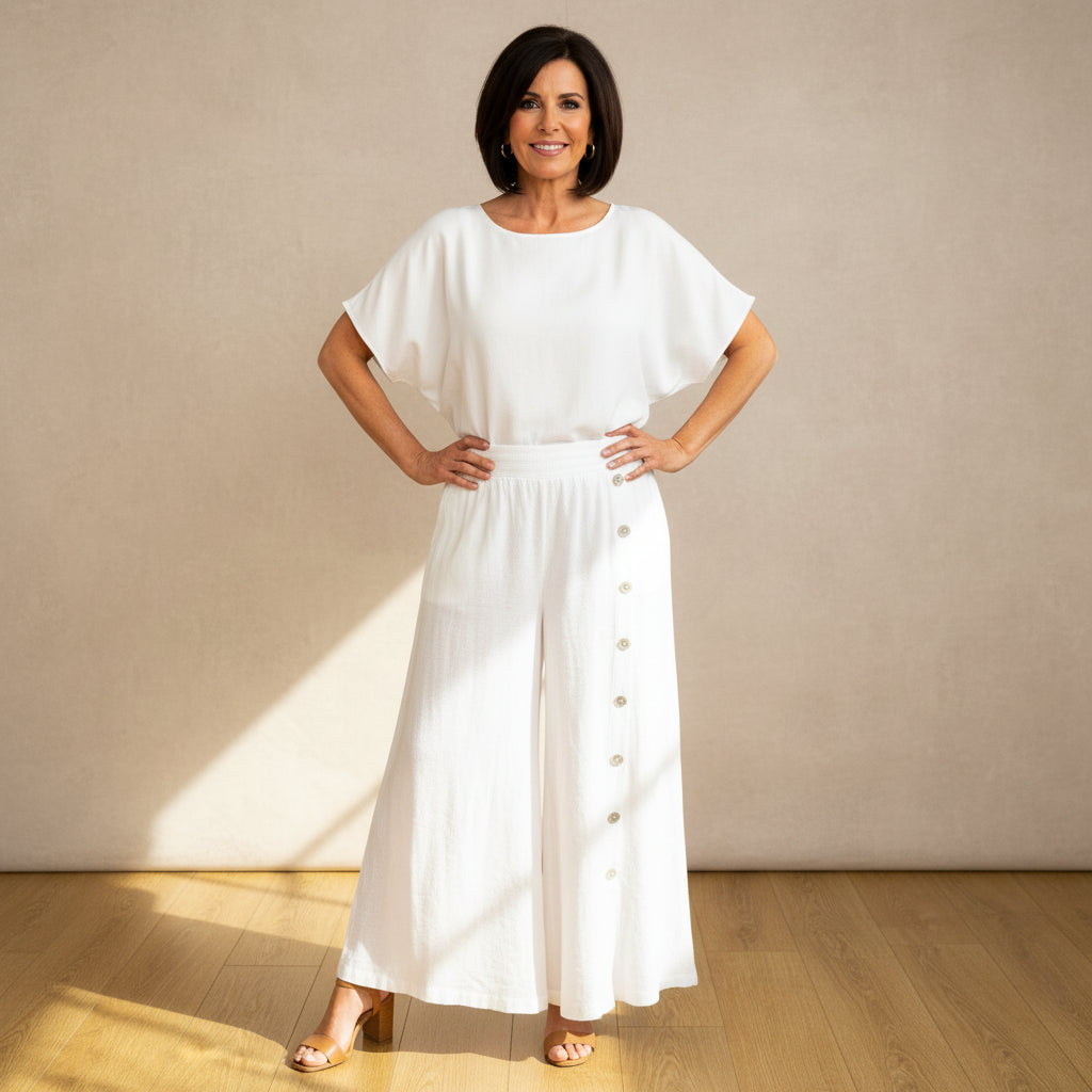 Button Leg White Linen Cotton Mix Skirt Trousers - Sugarplum Boutique