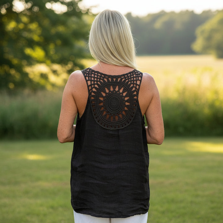 Cal Crochet Back Chocolate Brown Linen Sleeveless Vest Top - Sugarplum Boutique