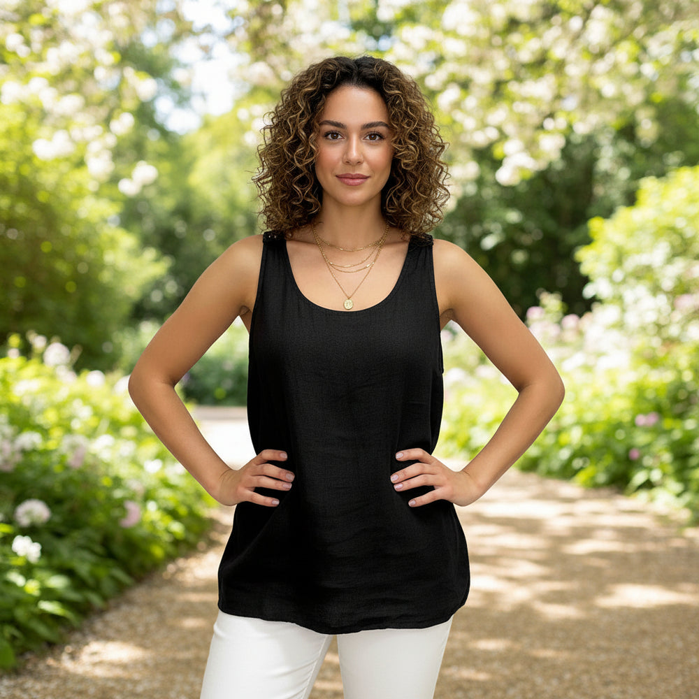 Cal Crochet Back Chocolate Brown Linen Sleeveless Vest Top - Sugarplum Boutique